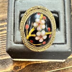 Vintage Gold plate Cloisonné Black and Gold Floral Ring